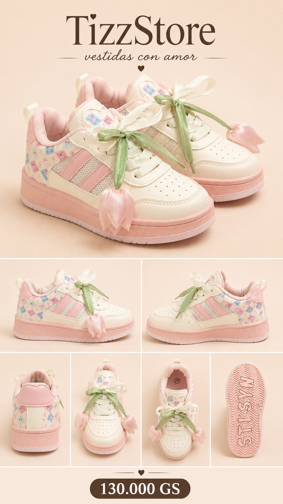 Tenis (Champion ) beige claro con rosa detalle de tulipanes en 3D