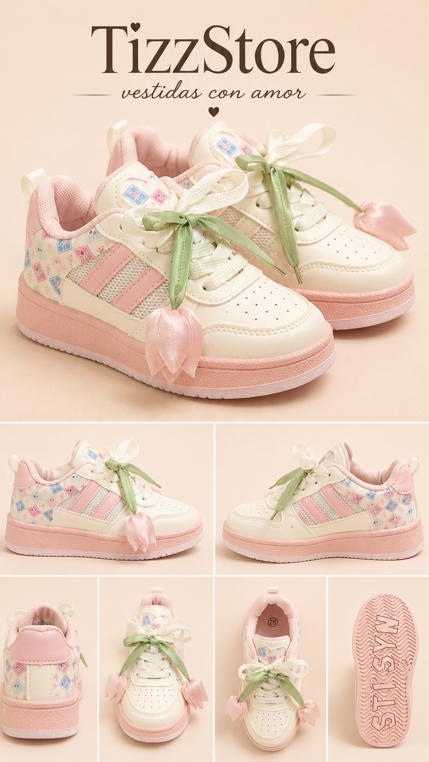 Tenis (Champion ) beige claro con rosa detalle de tulipanes en 3D