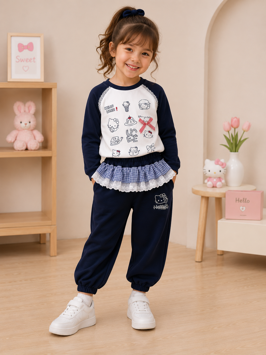 Conjunto jogger azul con mangas largas , detalles de hello Kitty