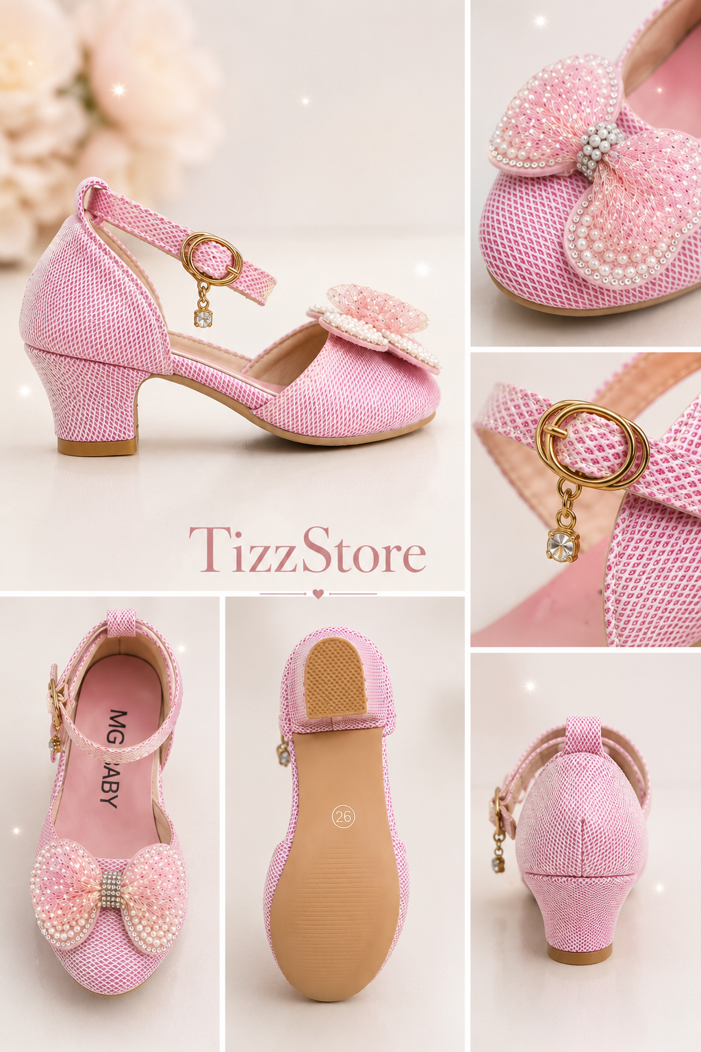 Zapato rosa con pequeño taco y detalle de moño con perlas