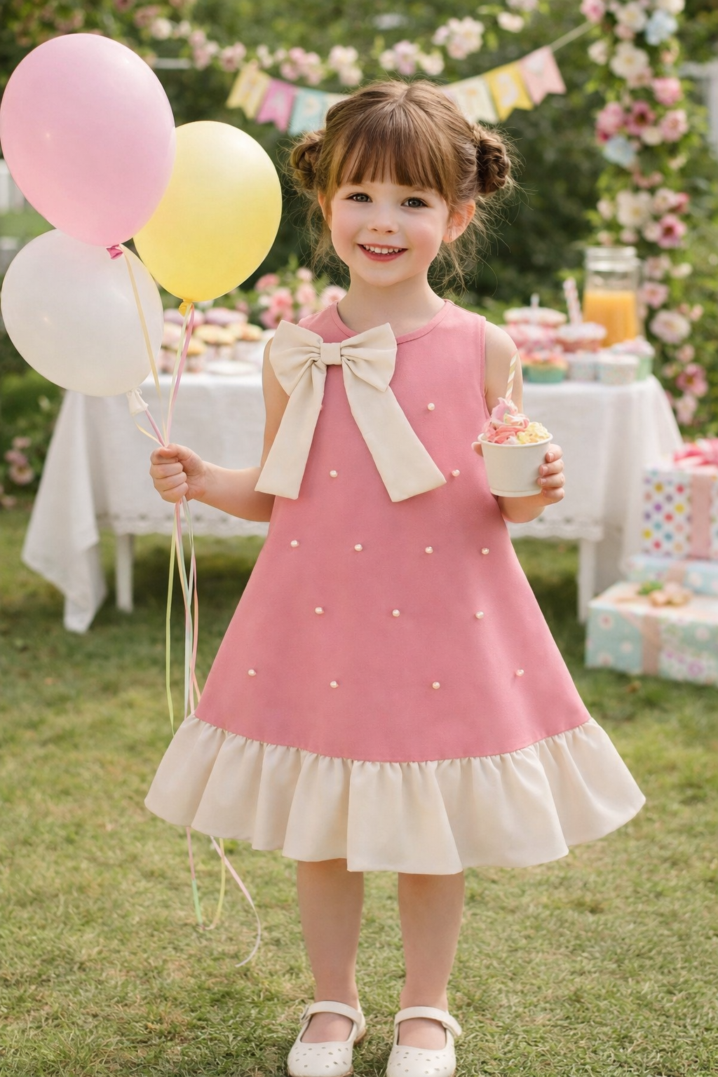 Vestido rosa con detalles de perlas y moño