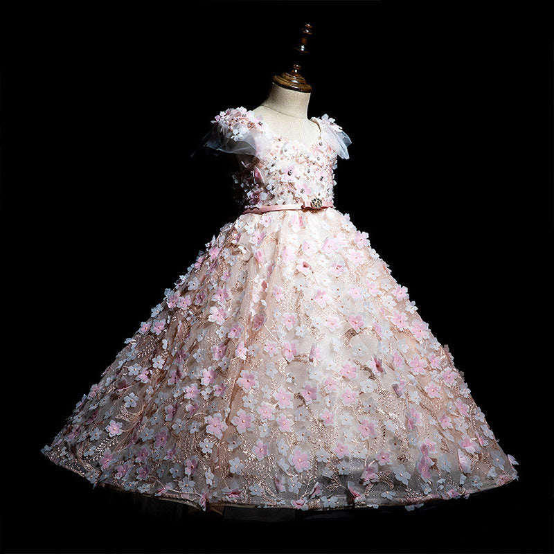 Vestido elegante largo flores en 3D brillos en dorado