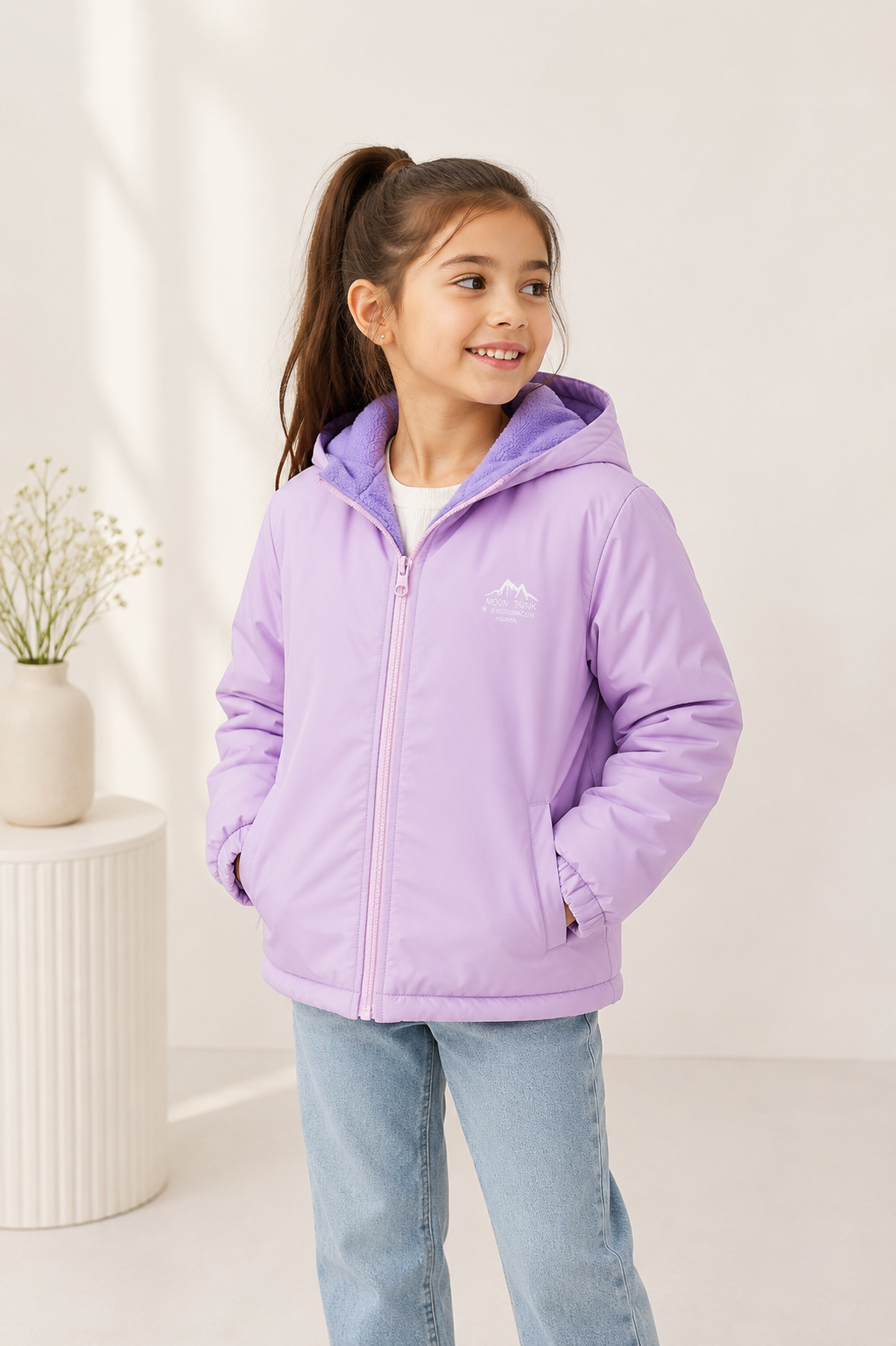 Campera lila doble faz por un lado impermeable y del otro polar suave