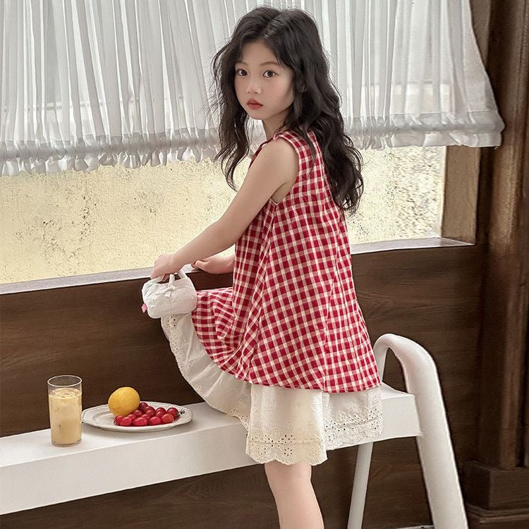 Vestido a cuadros rojo para niñas de 5 a 10 años con detalle de broderie