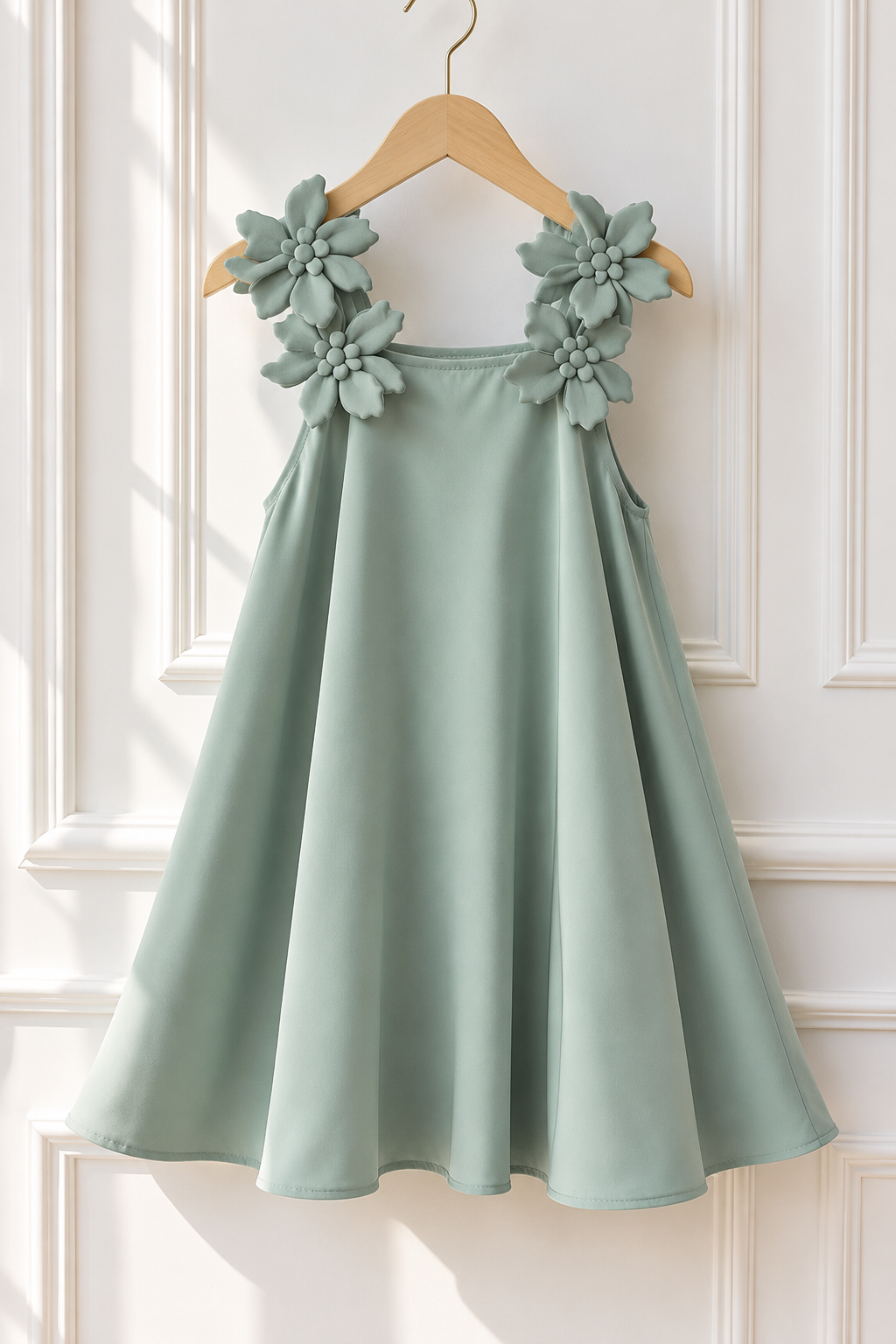 Vestido suelto color verde malva , detalles de flores en 3D en el hombro fresco y ligero