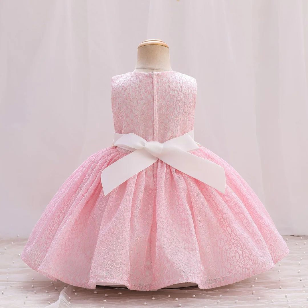 Vestido elegante rosa para bebés , cinto de perlas