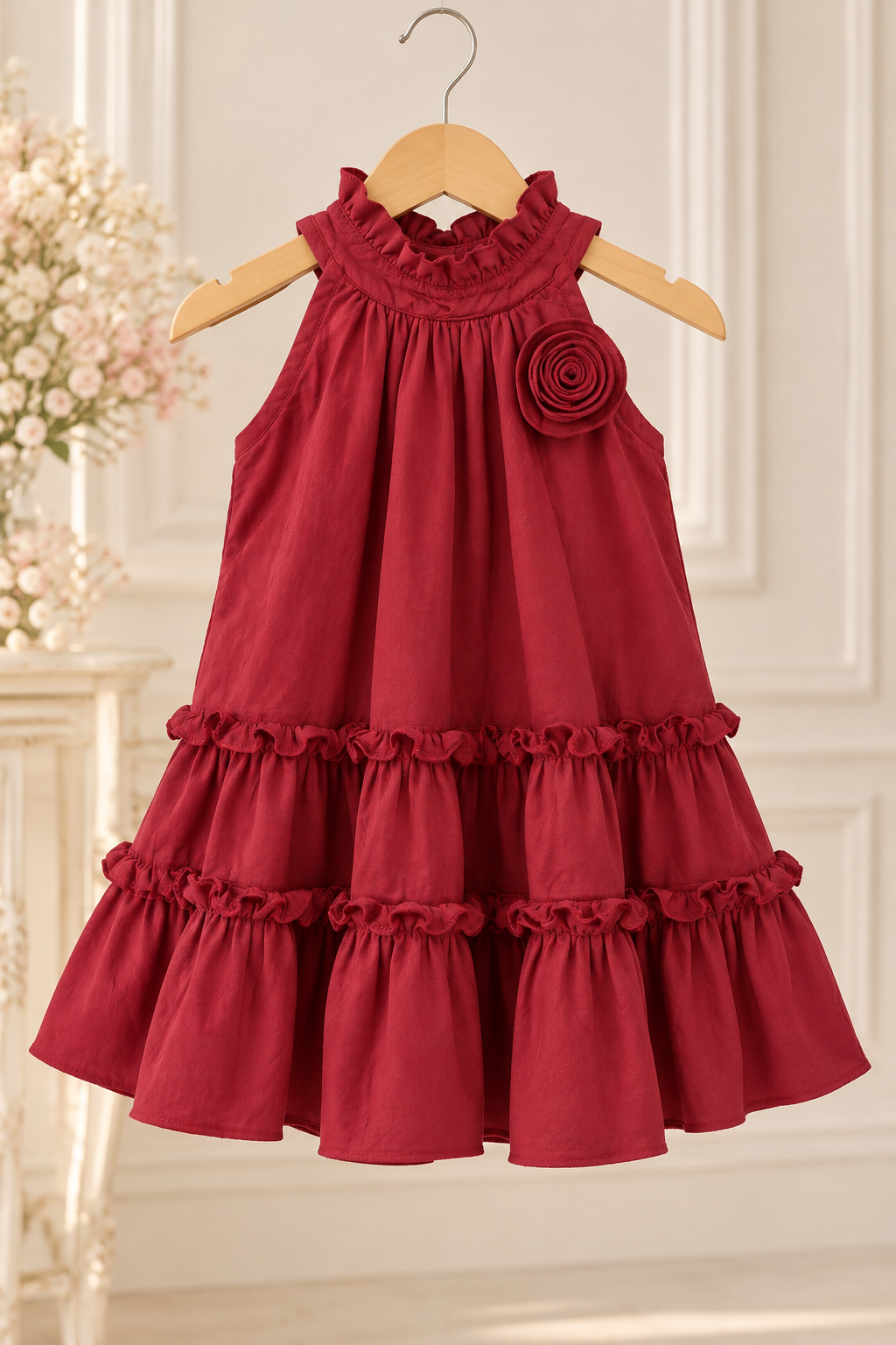 Vestido casual suelto color rojo con detalle de flor en 3D en el pecho