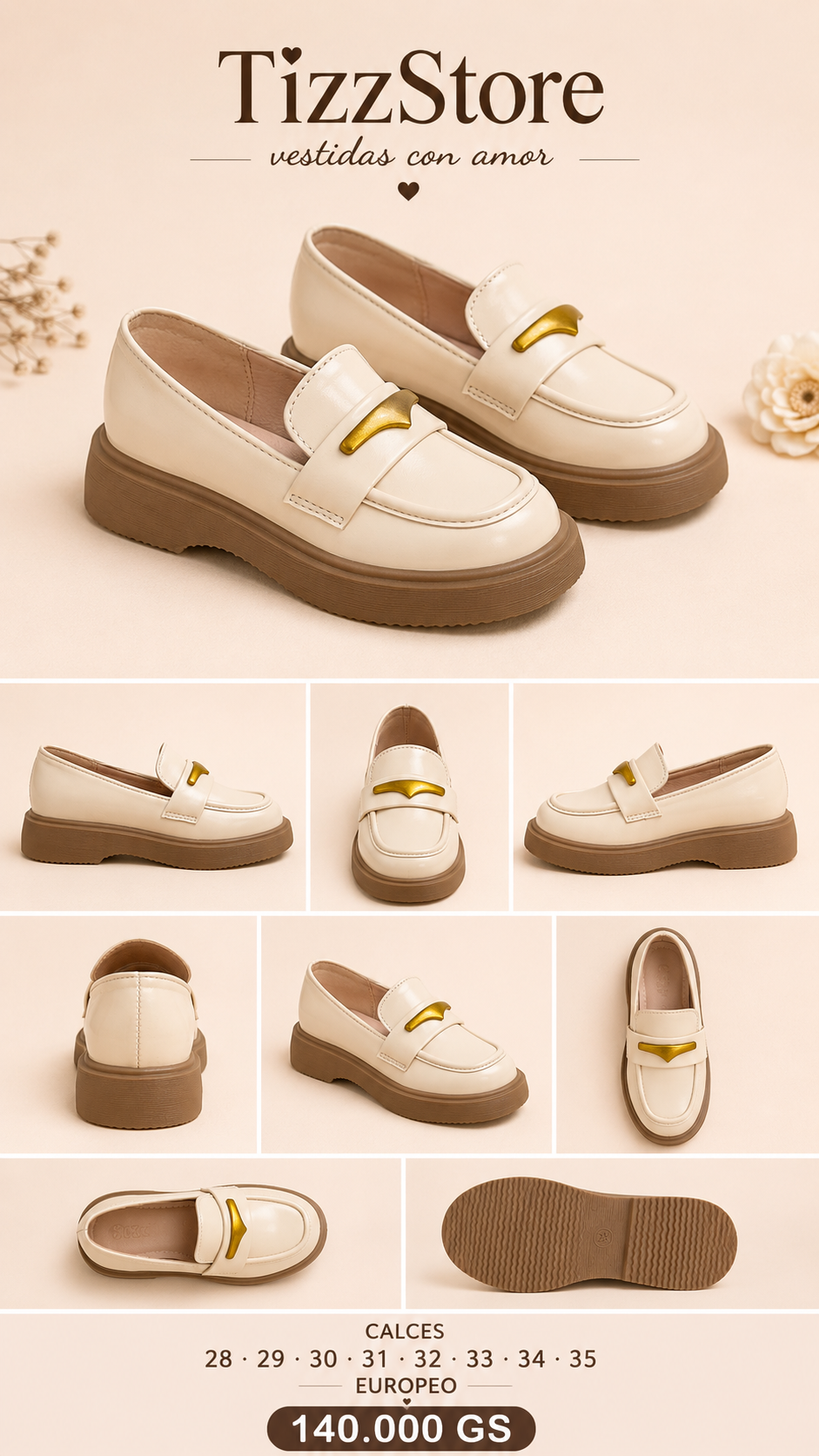 Zapato beige estilo mocasín en tendencia con aplique dorado