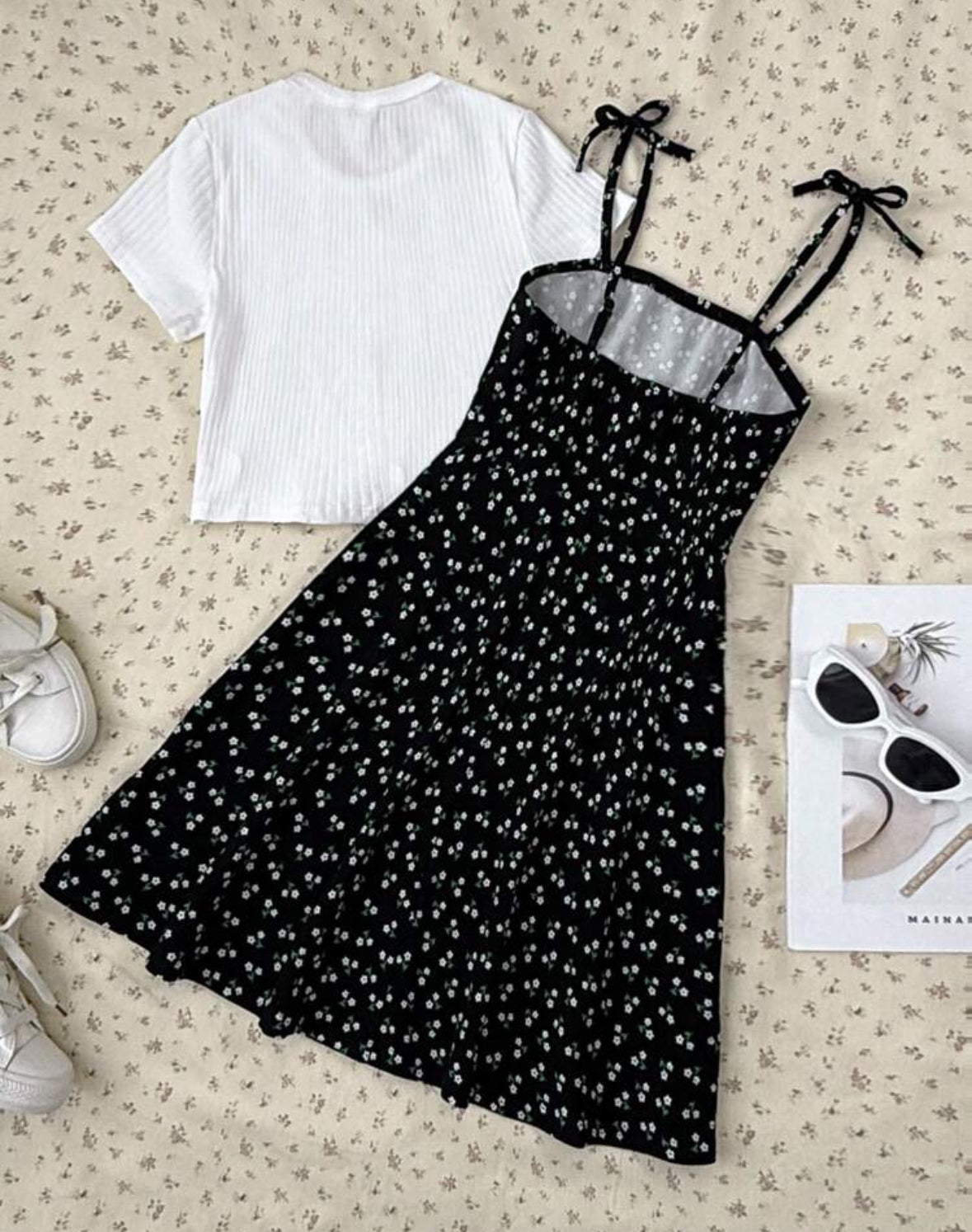 Conjunto vestido negro floreado con blusa blanca !