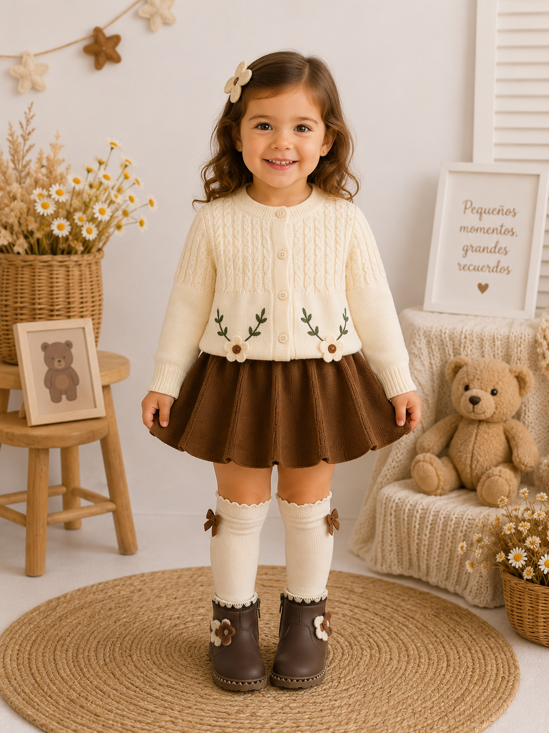 Conjunto pollera marrón con abrigo ( suéter ) de hilo beige detalles de flores