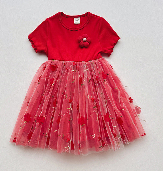 Vestido rojo para niñas de 1 a 7 años detalles de flores 3D