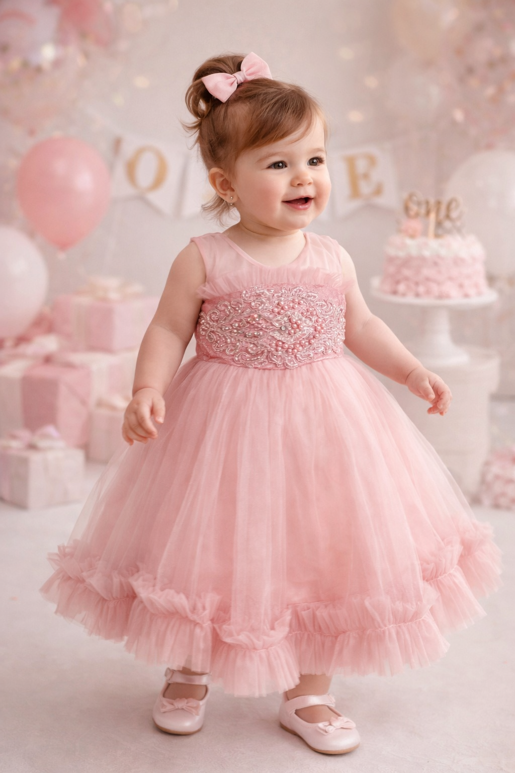 Vestido elegante rosa con detalles de bordado perlas y encaje