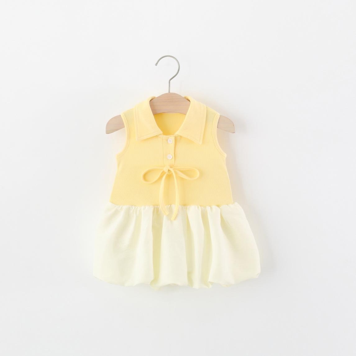 Vestido casual bicolor amarillo con color crema detalle de cuello y falda globo