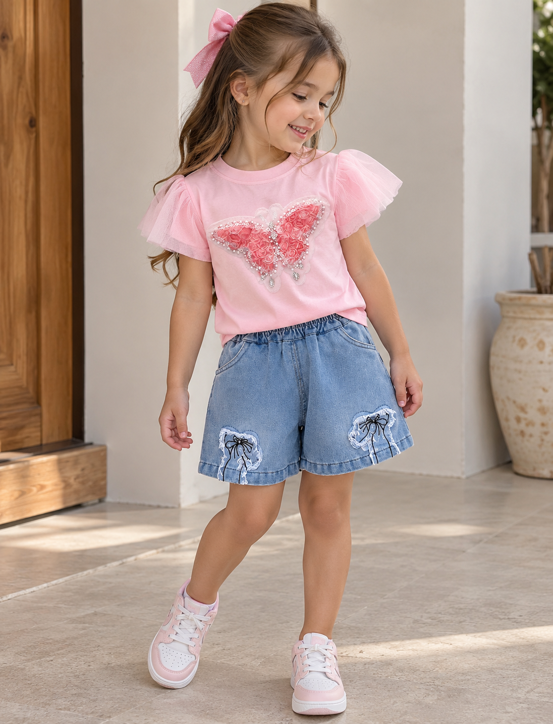 Conjunto short de jeans con remera rosa con detalle de moño con lentejuelas y perlas