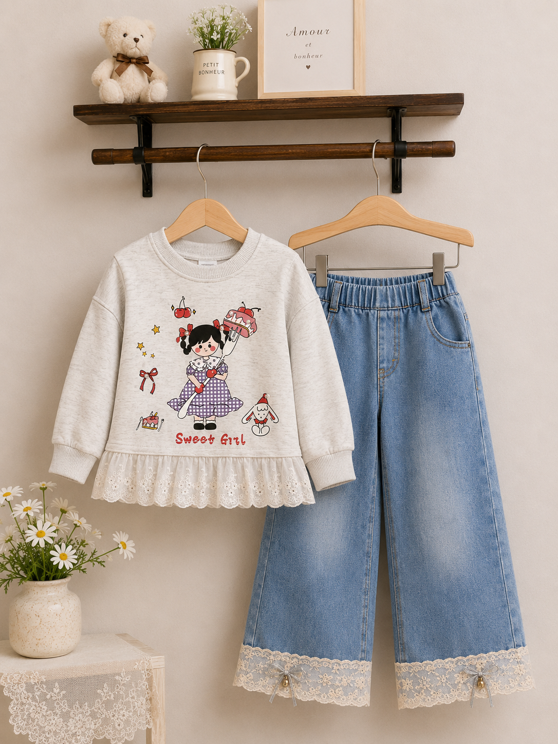 Conjunto pantalón de jeans con mangas larga ( tela fina) detalles de bordados y perlas