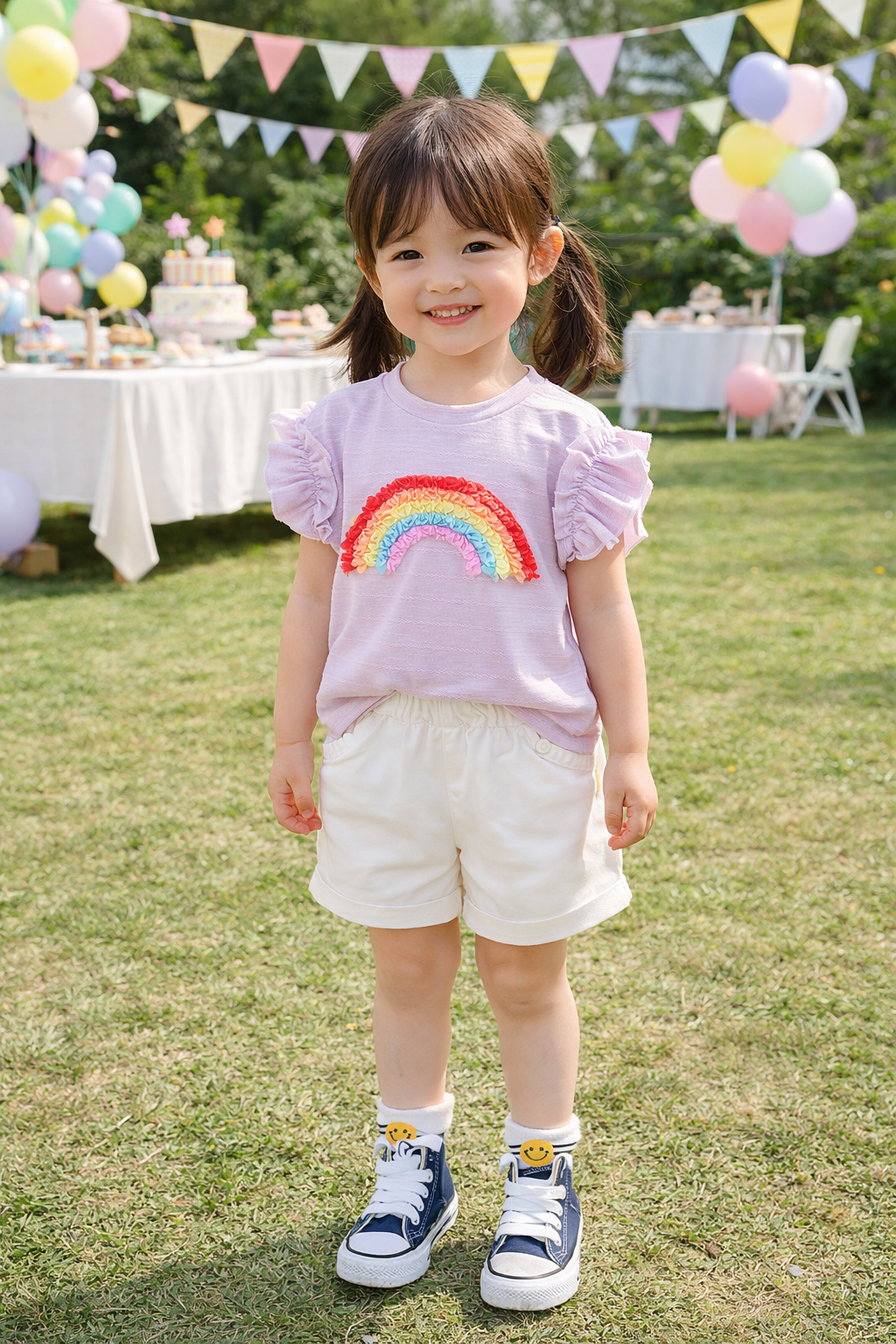 Conjunto short de jeans con remera lila detalle de arcoíris