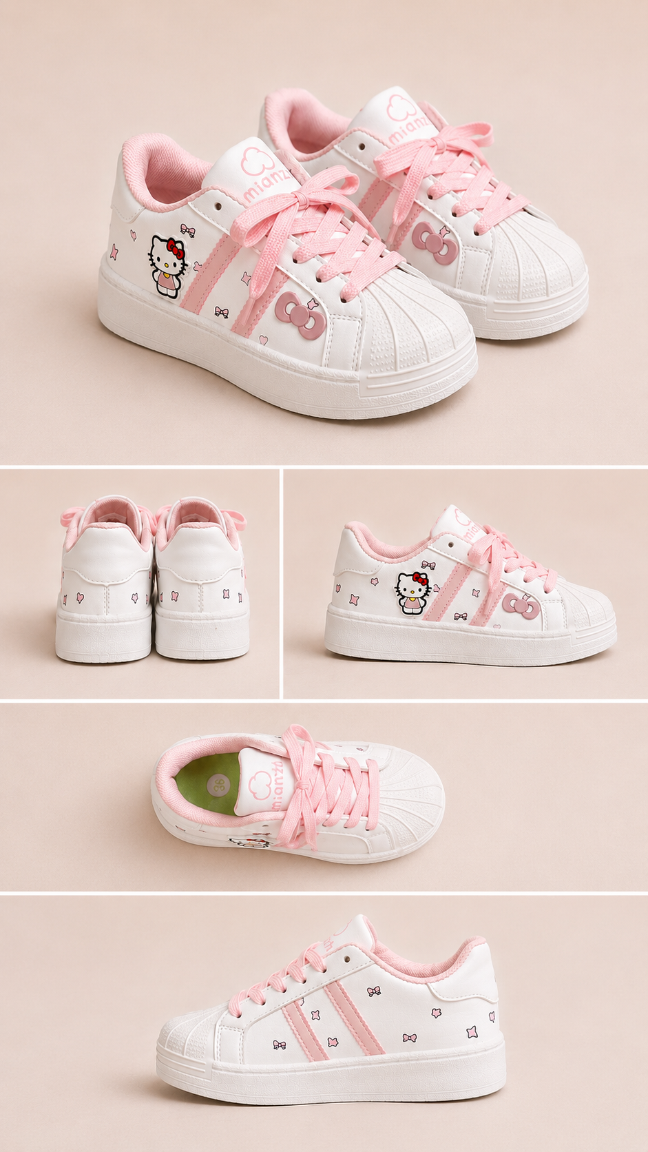 Tenis ( Champion ) blanco estilo tapita , con detalles en rosa de hello Kitty