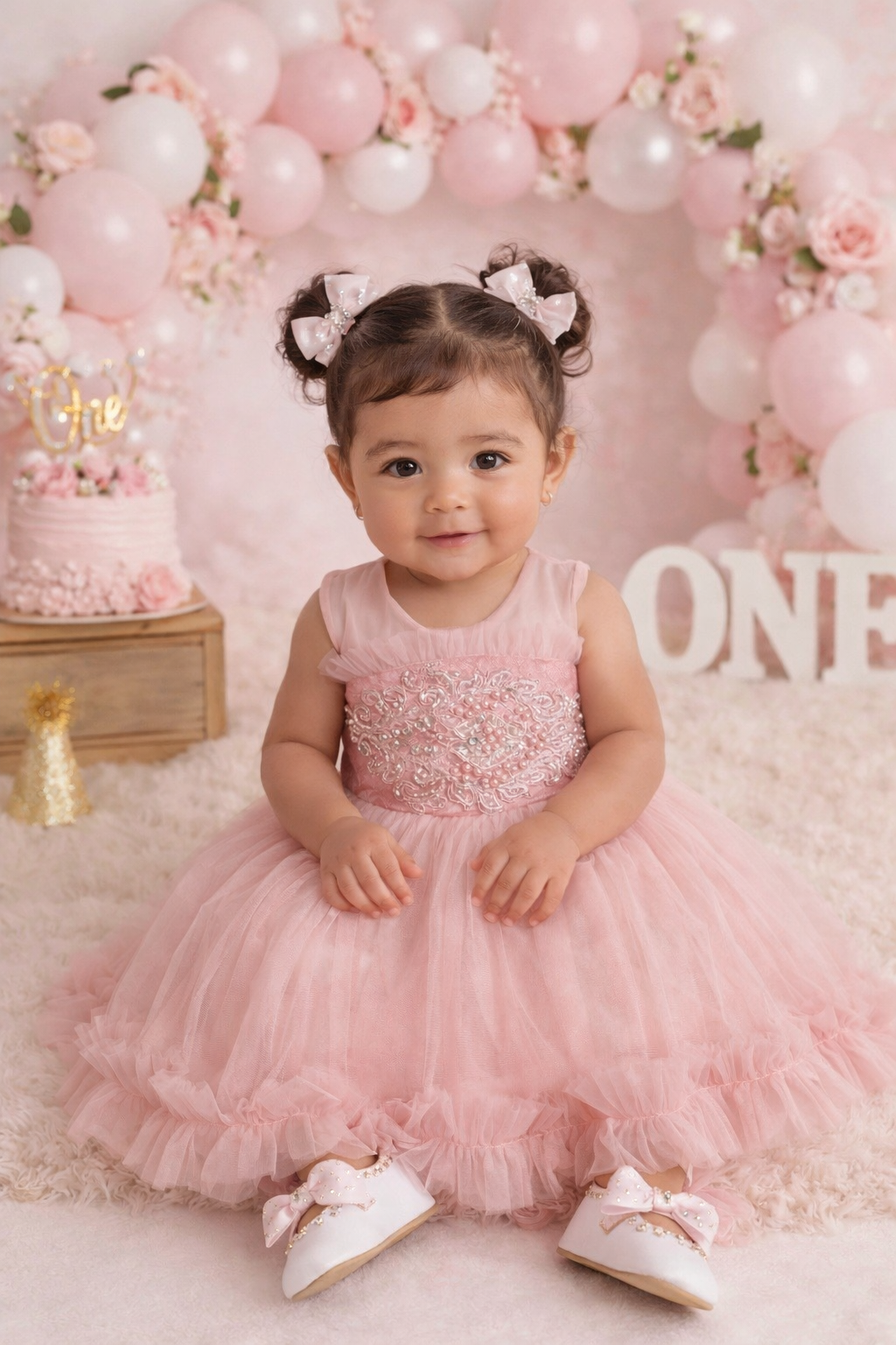 Vestido elegante rosa con detalles de bordado perlas y encaje