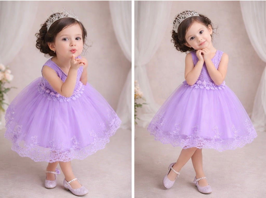 Vestido elegante lila , son detalle de bordados y encaje en el pecho