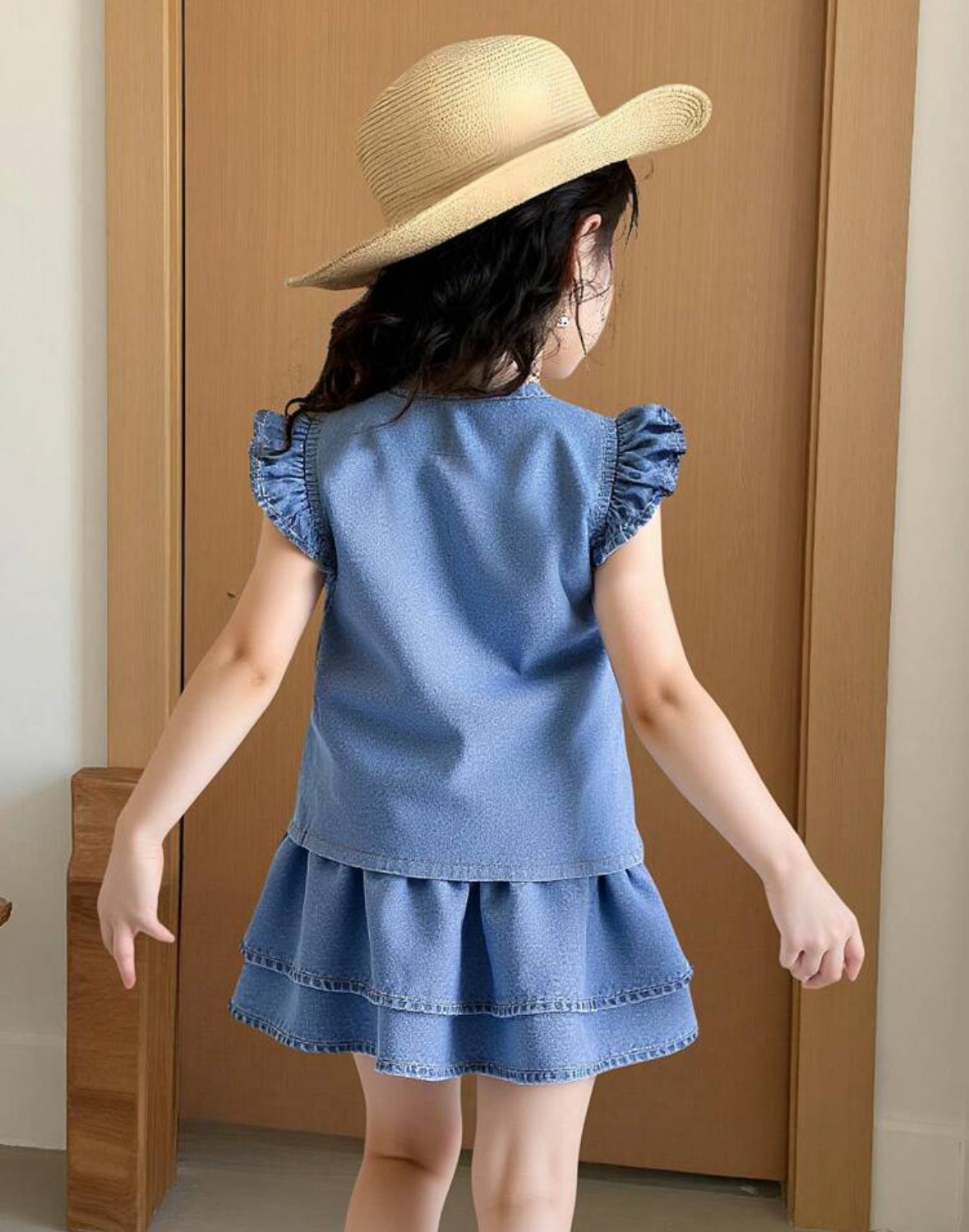 Conjunto pollera de jeans con blusa detalles de volados