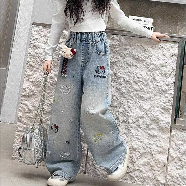 Pantalón de jeans detalle bordado de hello Kitty