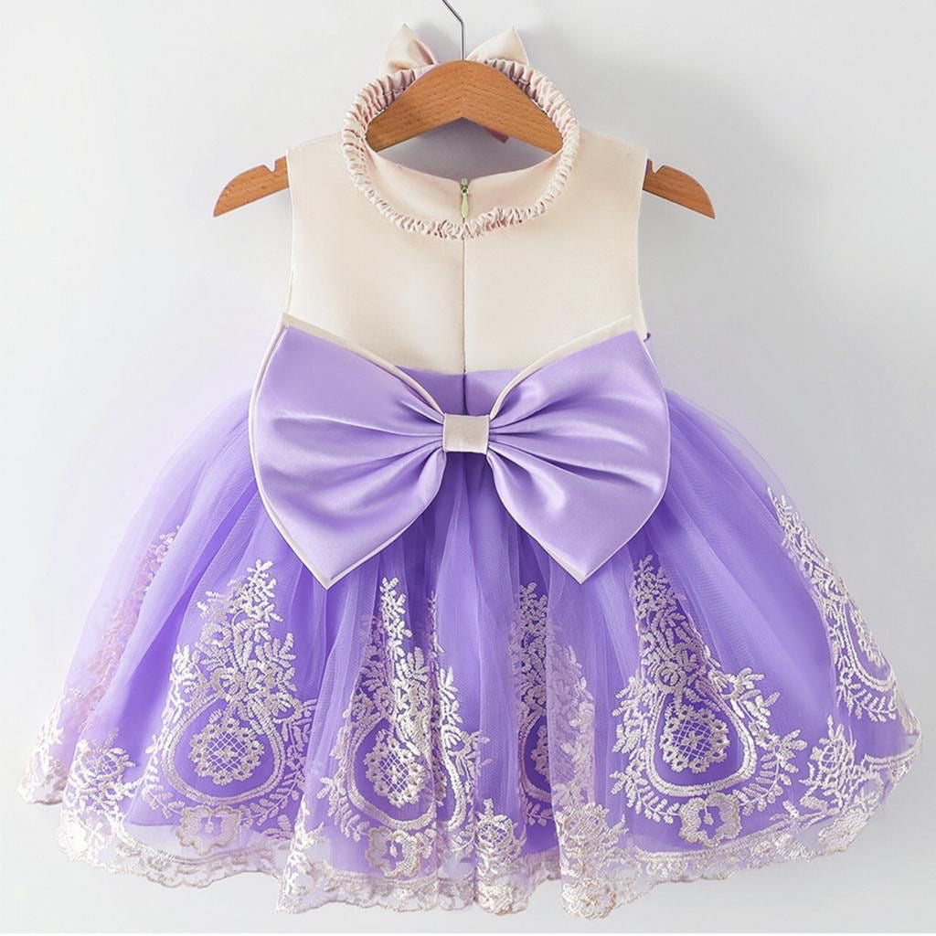 Vestido elegante para bebés , lila con color crema , incluye vincha