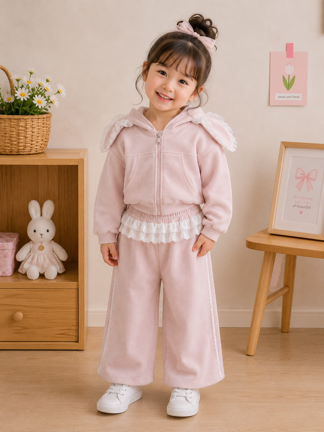 Conjunto rosa de pantalón buzo y abrigo con gorra detalle de orejas de conejo broderie y encaje