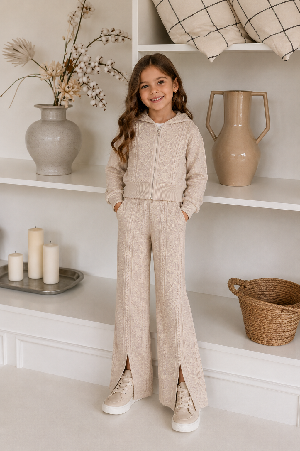 Conjunto pantalón buzo beige corte Oxford con abrigo detalle de capucha y bolsillo