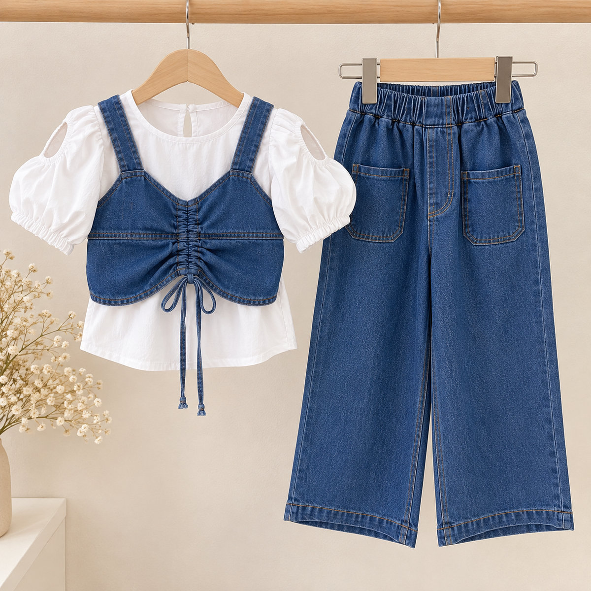 Conjunto de 3 piezas pantalón de jeans con chaleco y blusa blanca