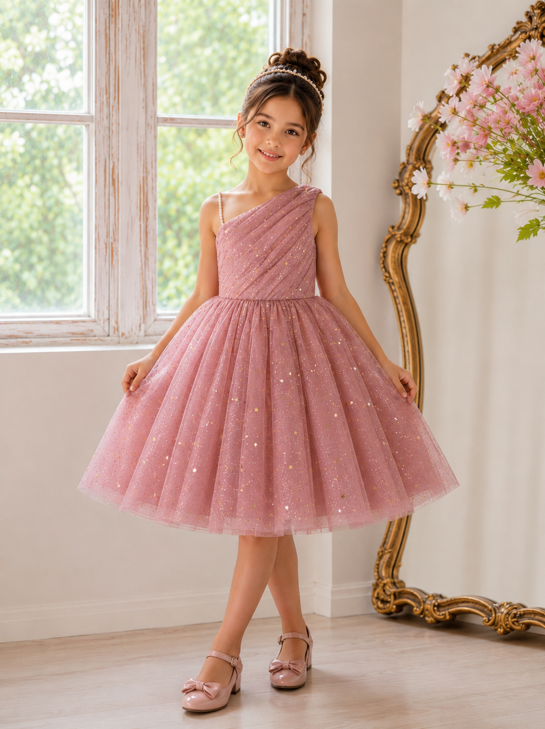 Vestido elegante color rosa vieja detalles de brillo en dorado con estrellas y perlas en un hombro