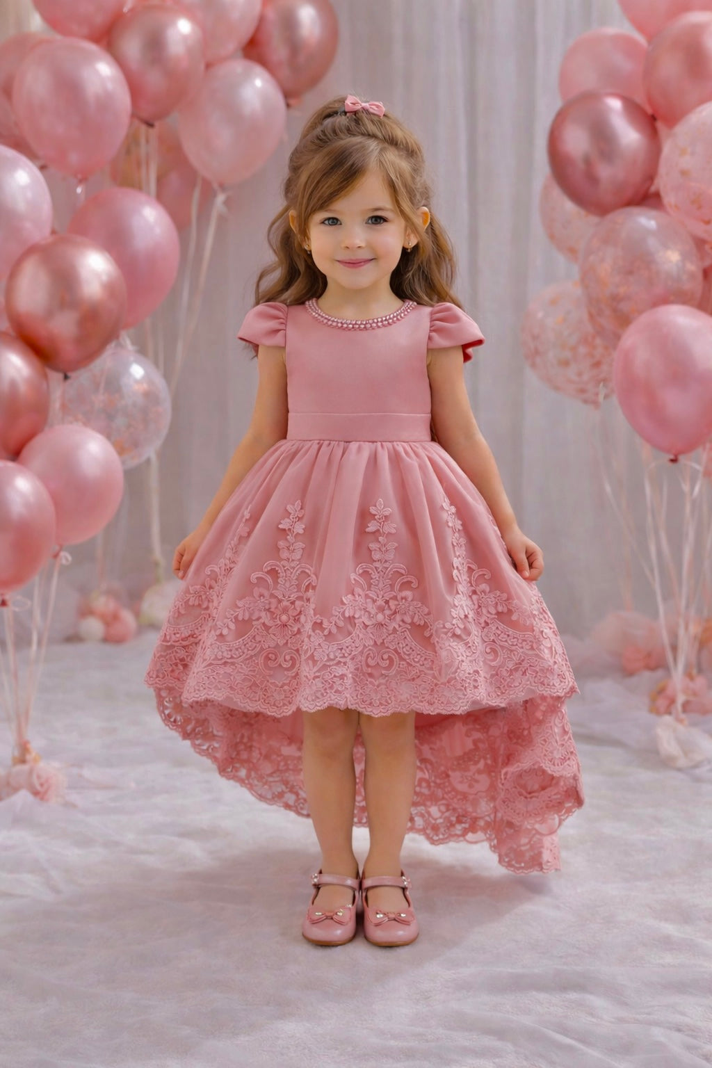 Vestido elegante cola larga color rosa vieja detalles de perlas y moño grande en la espalda
