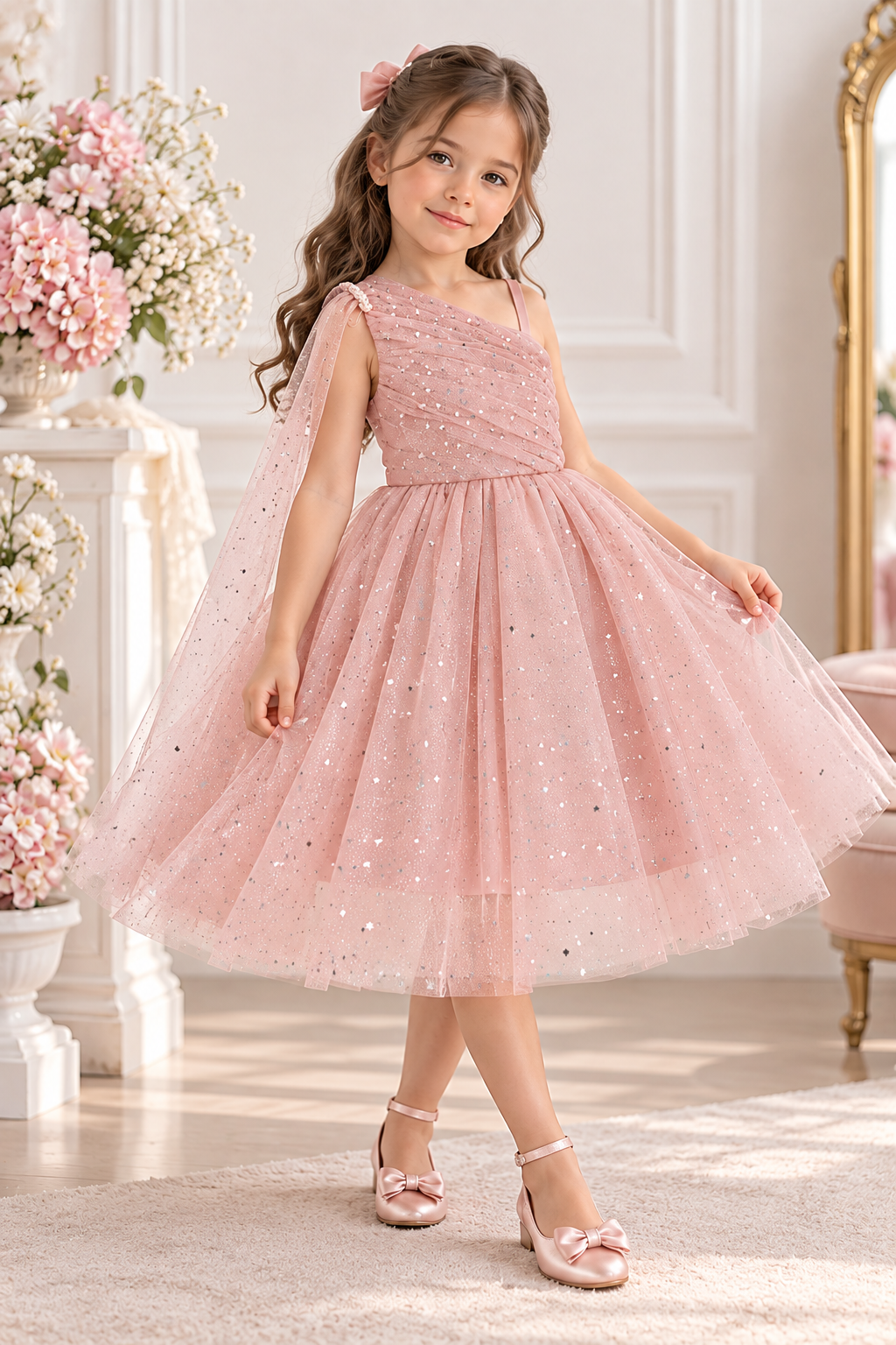 Vestido elegante con detalle de tul en el hombro y brillo en forma de estrellas en plateado