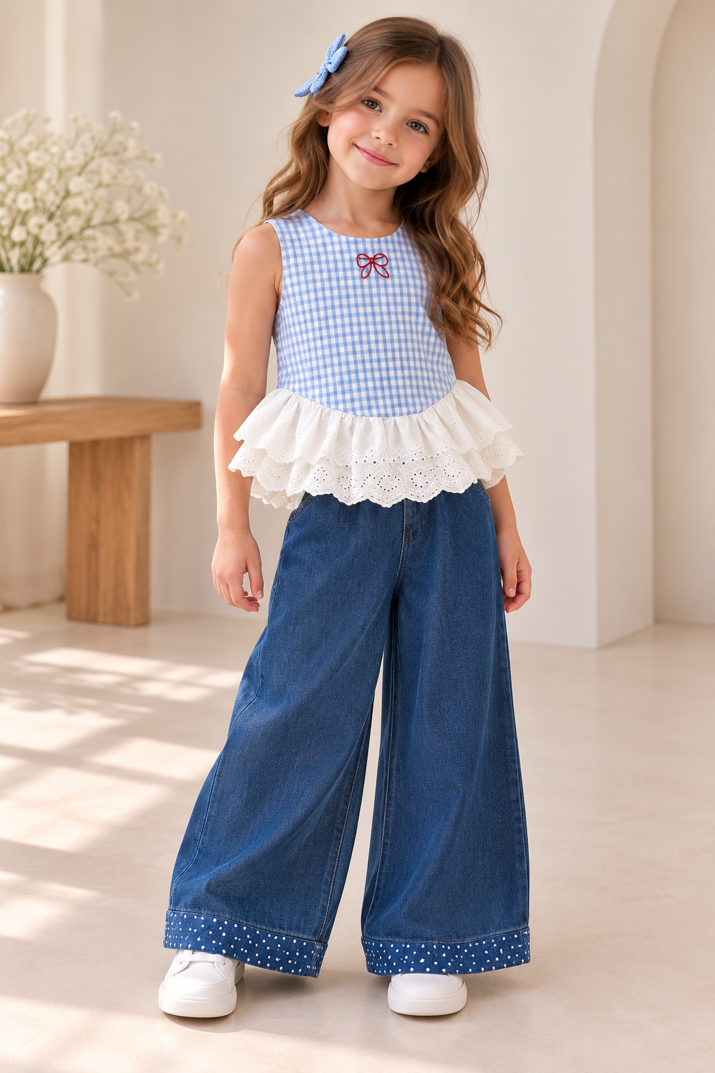 Conjunto de pantalón de jeans con blusa a cuadros celeste con blanco