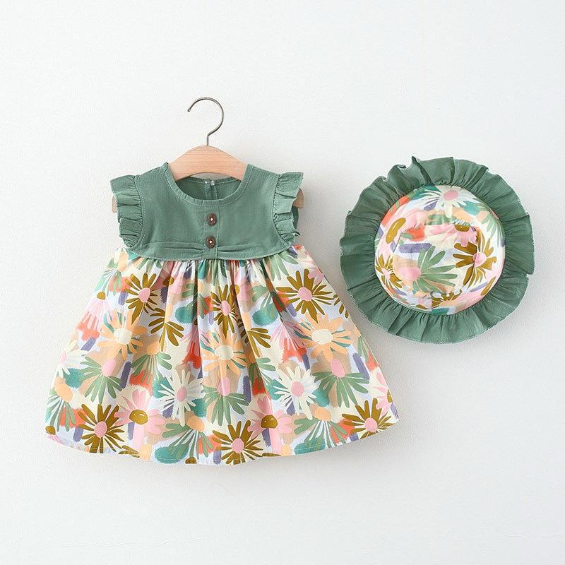 Vestido casual estampado floral y verde olivo en el pecho incluye sombrero