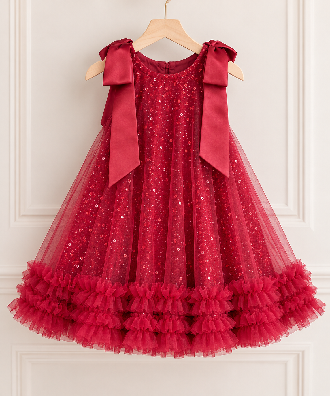 Vestido suelto elegante rojo vino , con detalles de lentejuelas y volado en la parte interior