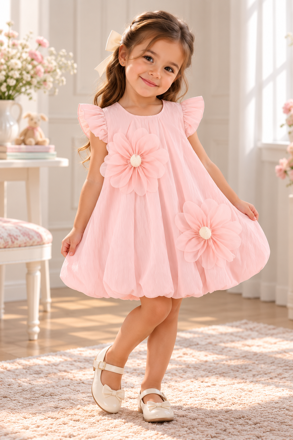 Vestido casual rosa estilo globo con detalle de flores en 3D