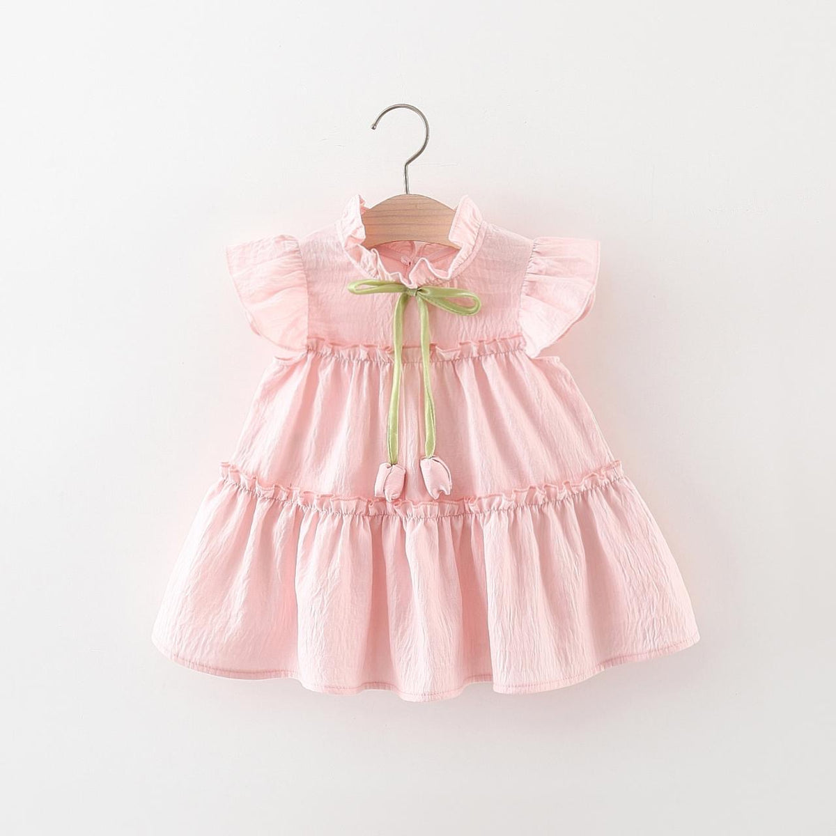 Vestido rosa casual de algodón , con detalle de tulipanes en el cuello