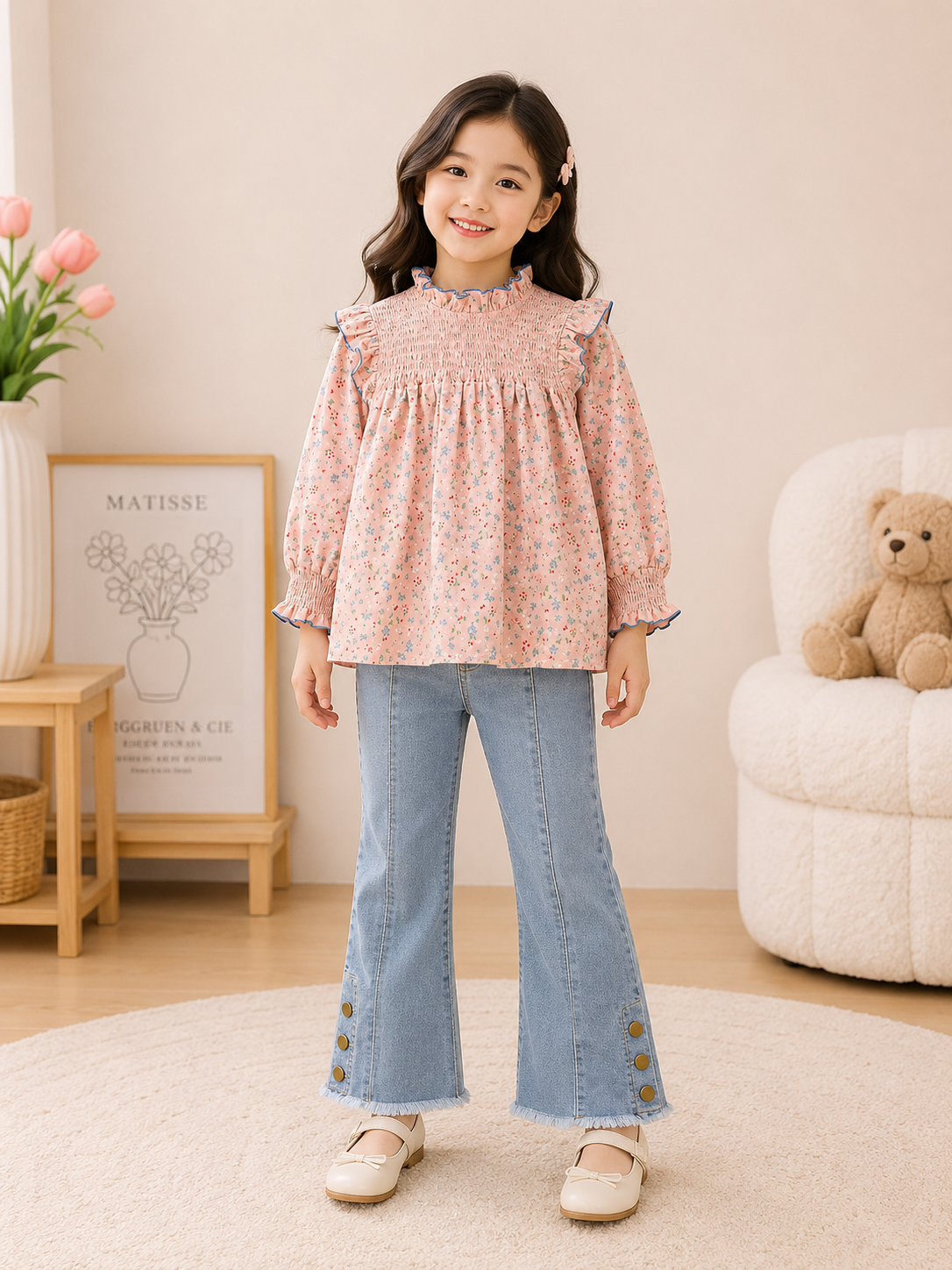 Conjunto de pantalón de jeans estilo Oxford con blusa mangas largas rosa con detalles de flores