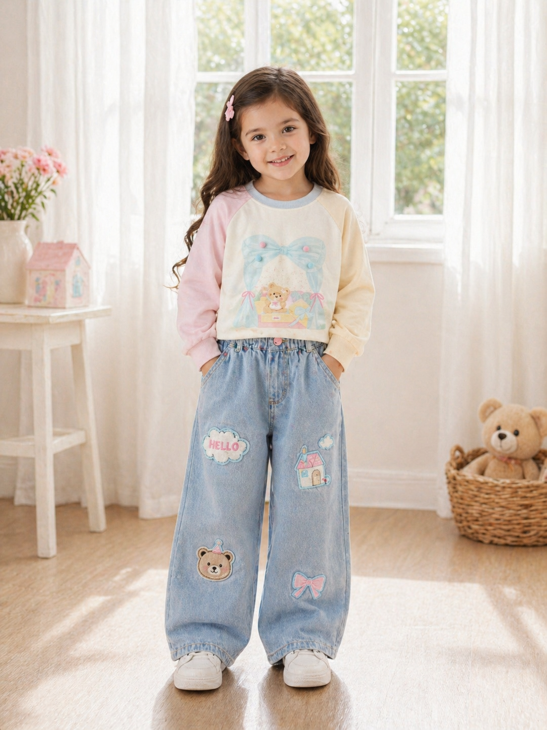 Conjunto de pantalón de jeans con abrigo detalles de ositos y moños