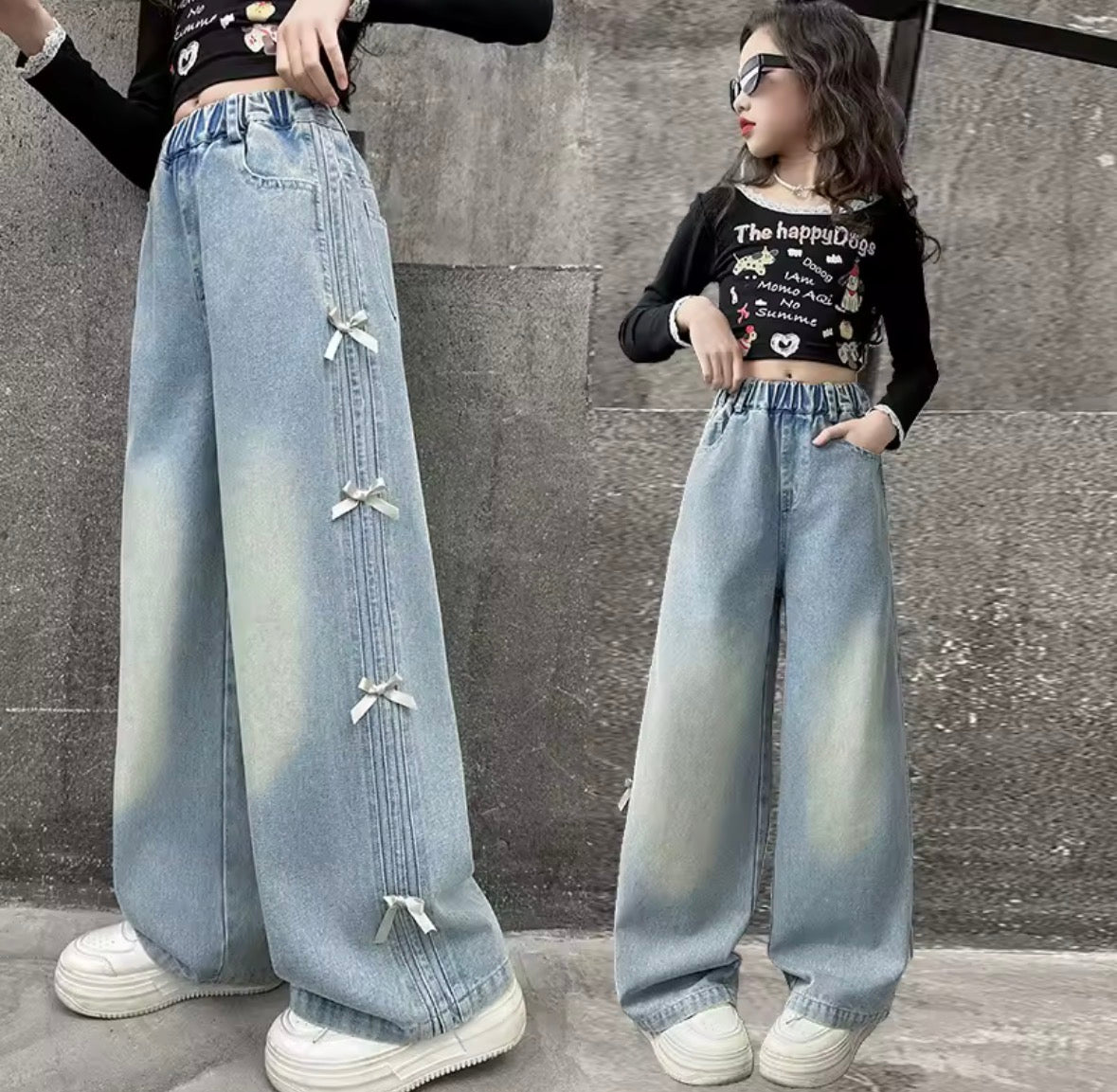 Pantalón de jeans estilo overside con detalles de moños y prelavado más claro