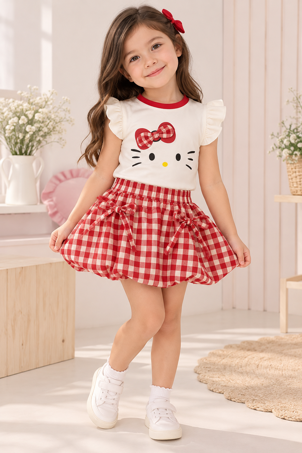 Conjunto pollera a cuadros rojos con blanco con blusa blanca detalle de hello Kitty ( forro short)