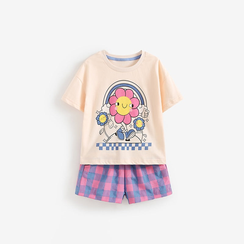 Conjunto short con remera 100% algodón estampado de flores y cuadros