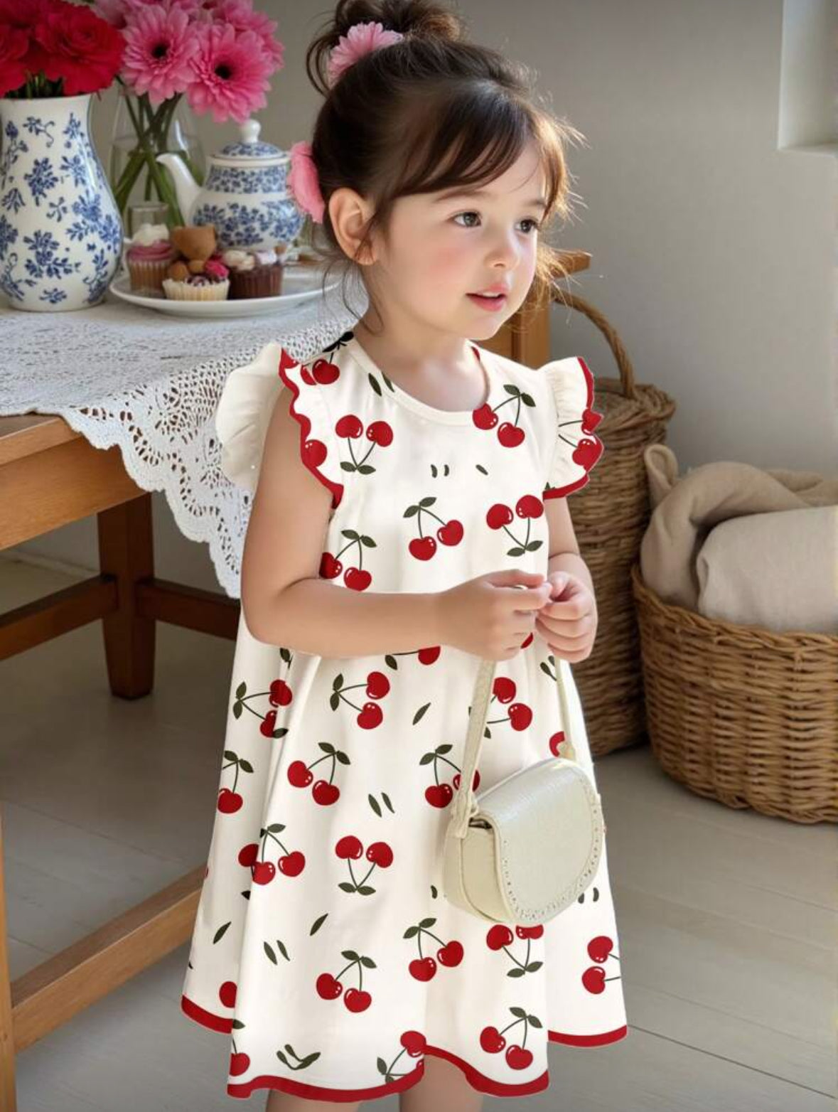 Vestido con detalles de cereza y manguita