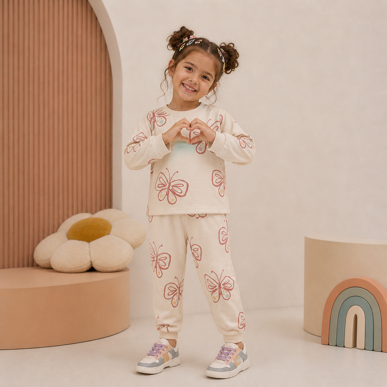 Conjunto pantalón jogger con mangas largas beige con detalles de mariposas