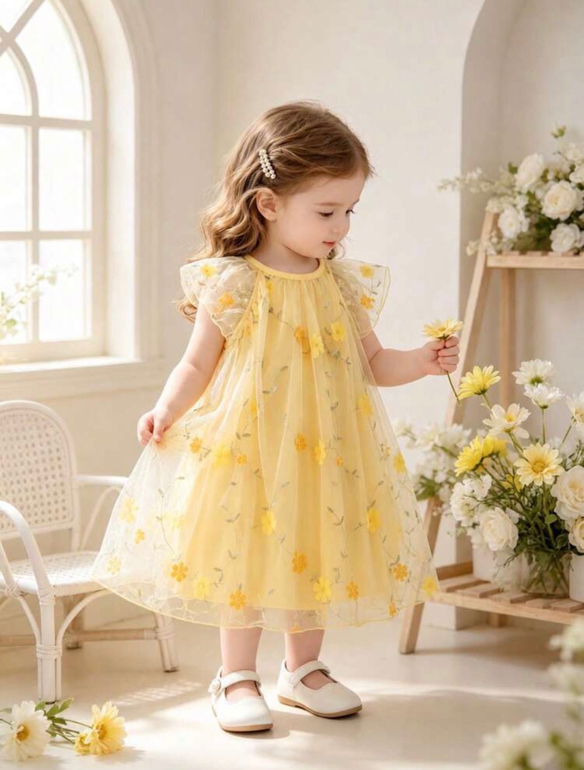 Vestido casual suelto color amarillo detalles de bordado y flores en 3D