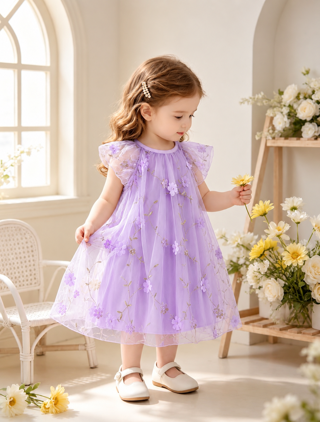 Vestido casual suelto color lila detalles de bordado y flores en 3D