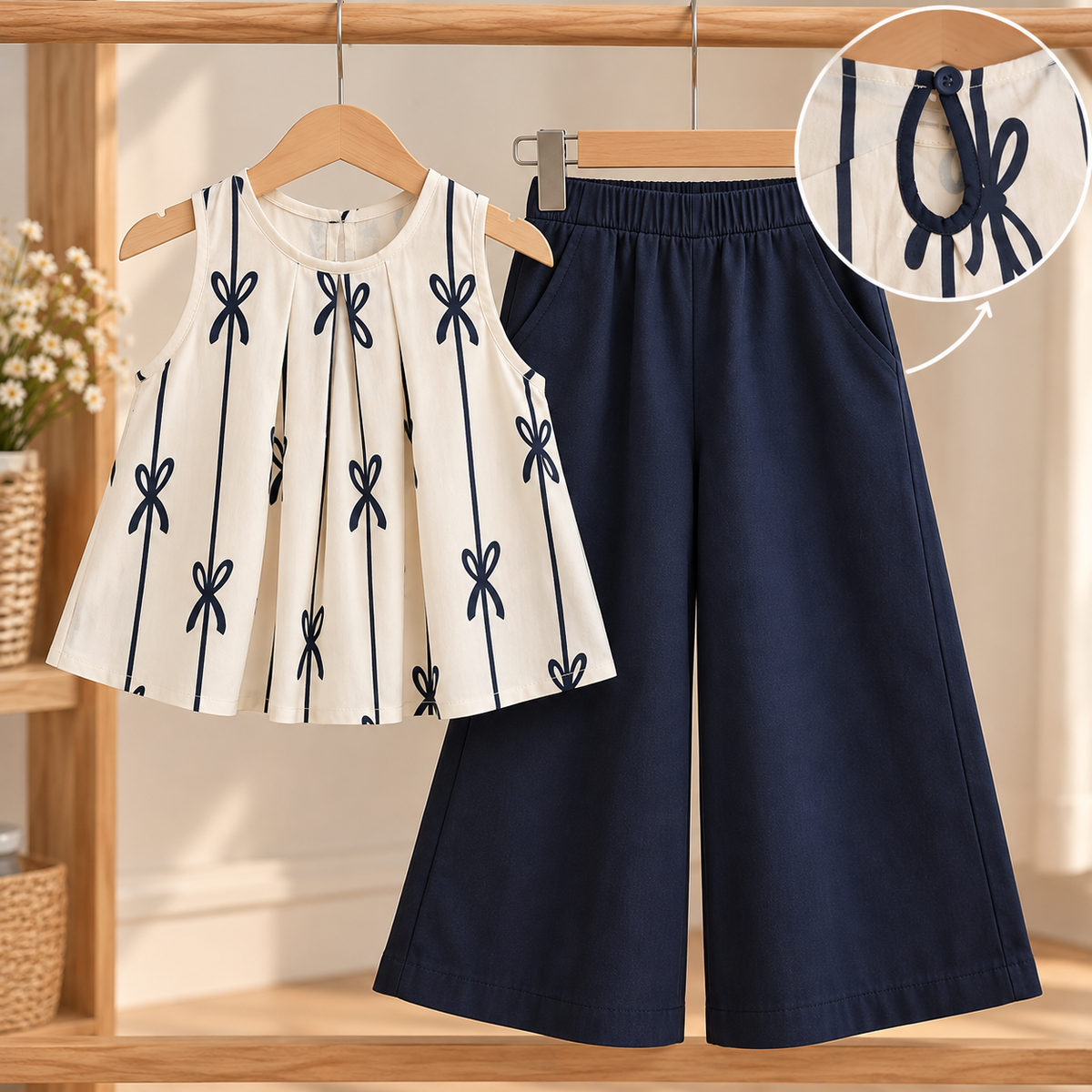Conjunto pantalón palazo azul marino con blusa detalle de moños y pliegues