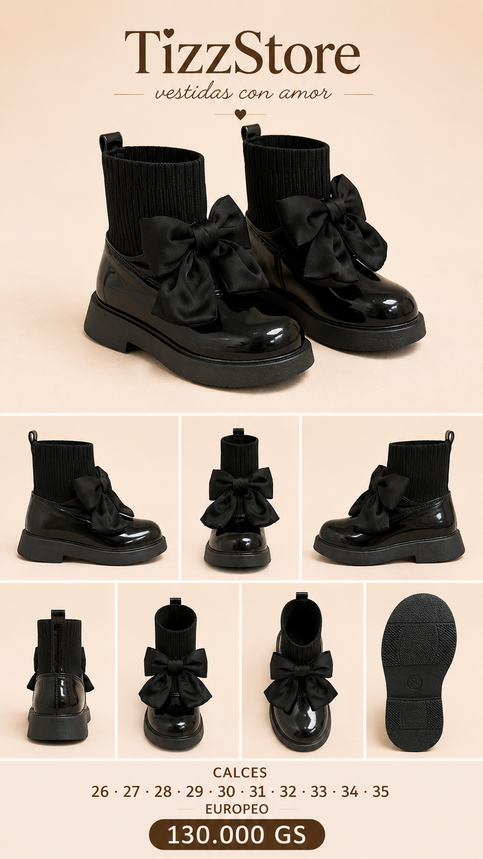 Bota negra charolada detalles de moño grande