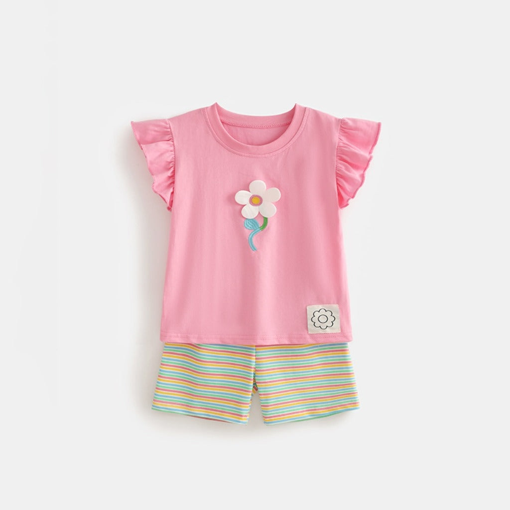Conjunto short con remera 100% algodón detalle de flor y estampado a rayas