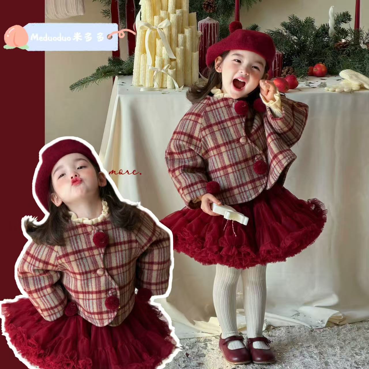 Conjunto de saco a cuadros (abrigado) con tutu color bordo